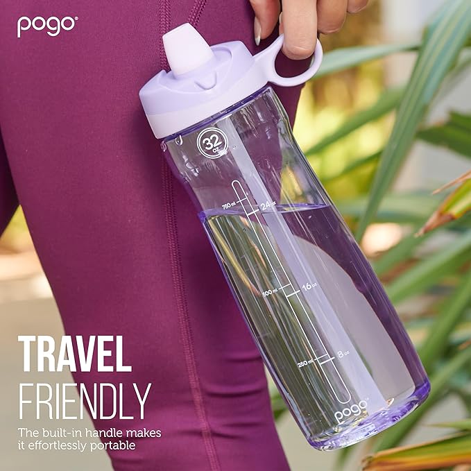 Pogo Plastic Water Bottle with Straw Lid and Carry Handle, Reusable, BPA Free, Dishwasher Safe, Perfect for Travel, School, Outdoors, and Gym | 32oz, 40oz