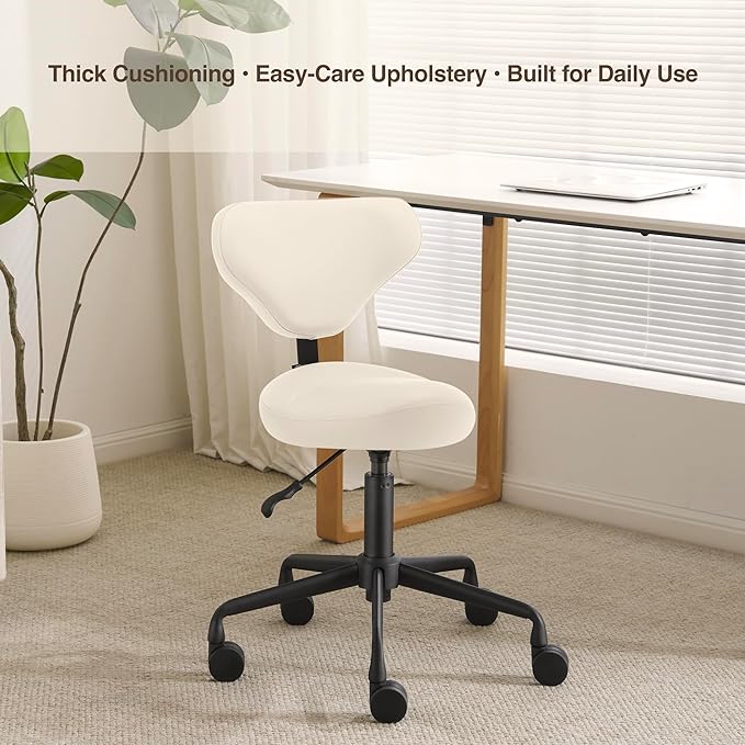 Ergonomic Saddle Seat Adjustable Pneumatic Hydraulic Drafting Swivel Rolling Stool Chair for Medical Hygienic SPA Massage Salon Home and Office - Hilo 508 (Vanilla, with Backrest)