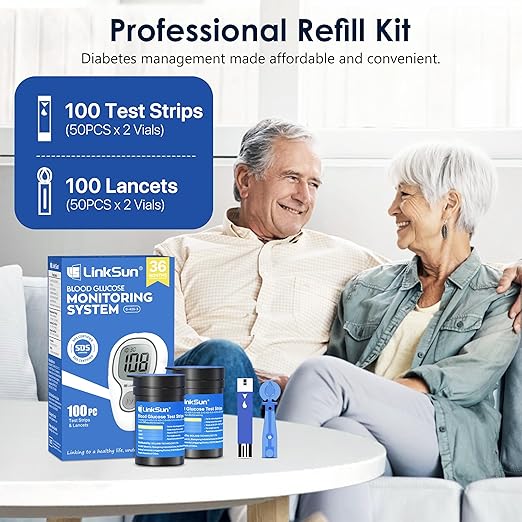 G-425-3 Blood Glucose Monitor Kit, 100 Test Strips, 100 Lancets, 1 Blood Sugar Monitor, 1 Control Solution, 1 Lancing Device, Diabetes Testing Kit, No Coding, Large Display, Glucometer for Home Use