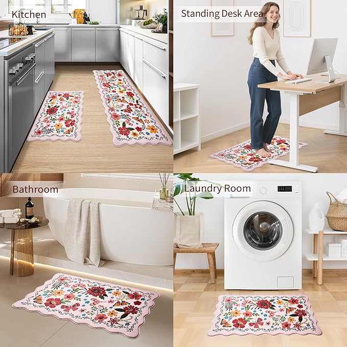 UKISS Kitchen Rugs, 2PCS Waterproof Kitchen Mats, Cushioned Anti Fatigue Kitchen Mat, Non-Slip Boho Comfort Mat for Kitchen, Floor Home, Sink, Laundry,17.3"x28"+17.3"x47", White &Pink (Pink)