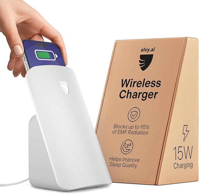 Elvy Fast Qi Wireless Charger for Cell Phones - Designed with EMF Management Technology for Enhanced Charging, Advanced Environmental Shielding (Snow White)