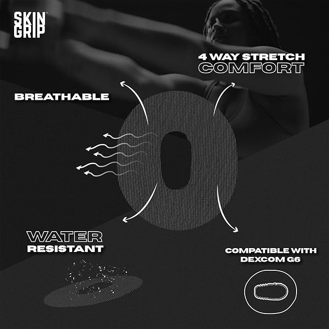 Skin Grip Adhesive Patch Compatible with Dexcom G6 Adhesive Patches Waterproof & Sweatproof with Cutout, Lasts 10-14 Days, Continuous Glucose Monitor Patch, CGM Sensor Cover – 20 Pack, Black