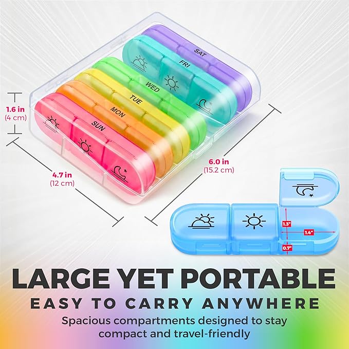 Weekly 3 Times a Day Pill Organizer - Large 7 Day Medicine Planner with Separate Daily Containers, Clear Storage Case, Easy Open Lids, Travel Pill Box for Vitamins, Supplements & Medication, Rainbow