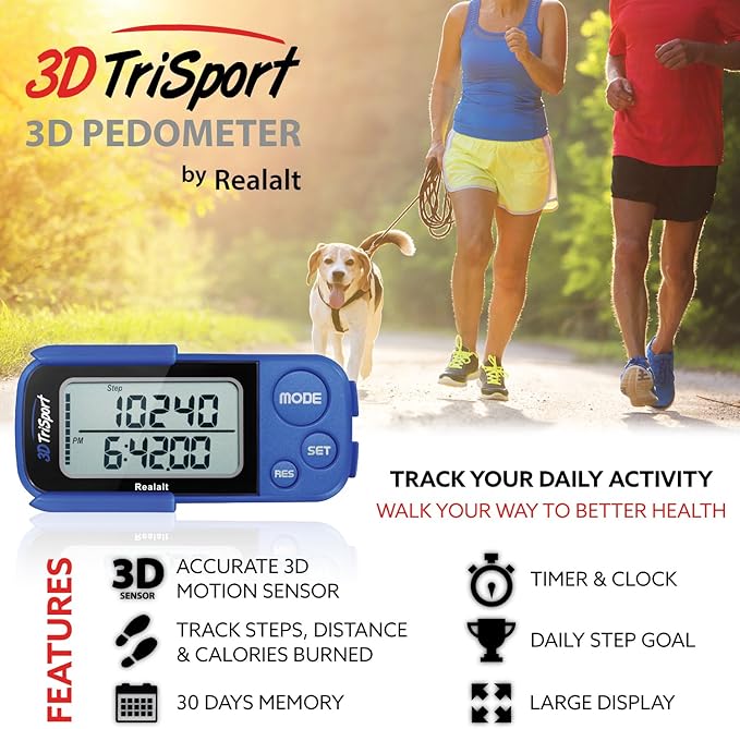 Realalt 3DTriSport 3D Walking Pedometer with Clip & Strap, Accurate Step Counter with 30-Day Memory, Distance in Miles/KM with Large Display Perfect for Seniors & Beginners, eBook Included