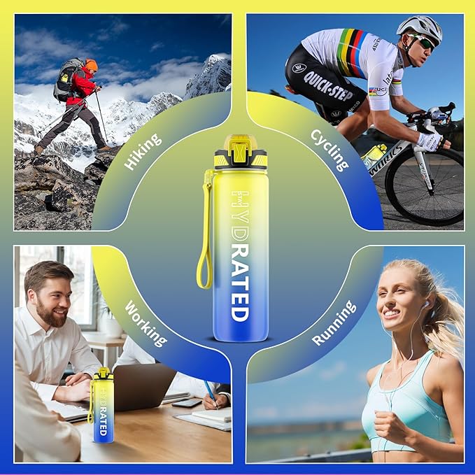 Water Bottle with Straw, 32oz Motivational Water Bottles with Time Marker to Drink, Tritan BPA Free, 1L Sports Water Bottle with Carry Strap LeakProof for Women Gym Fitness Outdoor (1 Pack)