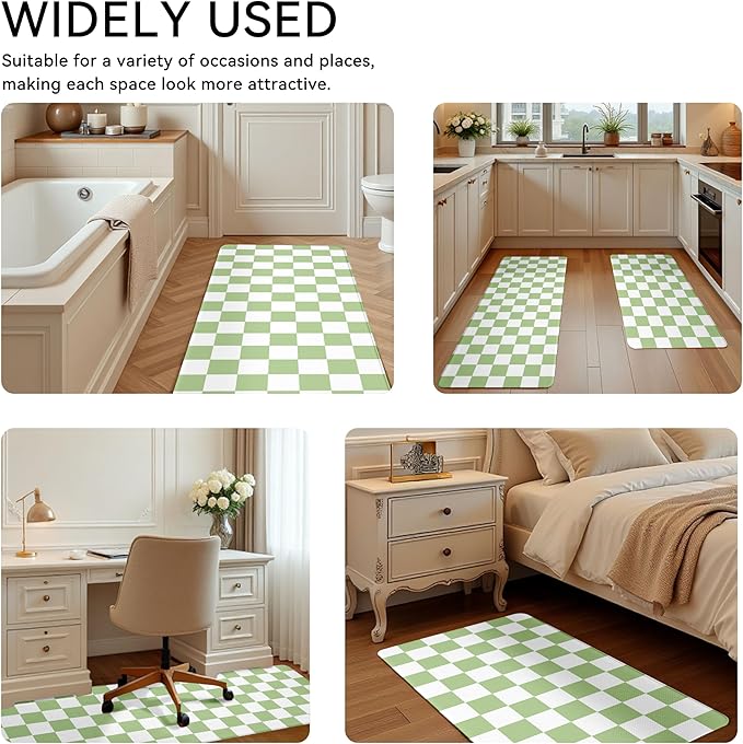 Fresh Green Checkered Grid Checkerboard Kitchen Rug Sets [2 PCs], Anti-Fatigue, Waterproof Non-Slip Kitchen Mats Heavy Duty Comfort Foam Rug for Kitchen, Floor, Laundry,17"x29"+17"x47"