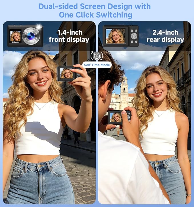 Digital Camera, 2026 Upgraded 56MP Camera with Selfie Screen, Dual Screens Digital Cameras with Smile Capture Anti Shake, Portable Vlogging Cameras with 32GB Memory Card for Kids Teens Girls