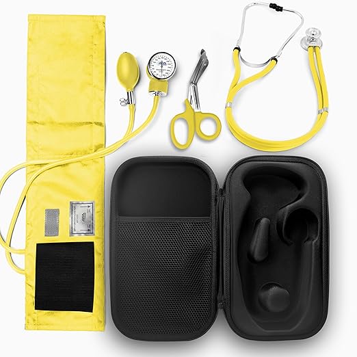 ASA TECHMED Medical Starter Kit – Stethoscope, Durable Blood Pressure Monitor, EMT Shears & Protective Carrying Case – Ideal for Healthcare Students & Professionals, Yellow
