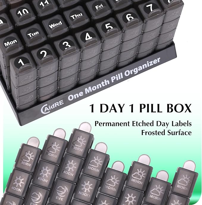 Monthly Pill Organizer 4 Times A Day, One Month Pill Organizer, Monthly Pill Box Organizer with 32 Daily Compartments for Fish Oil, Vitamins and Medications, 31 Day Pill Case, Black