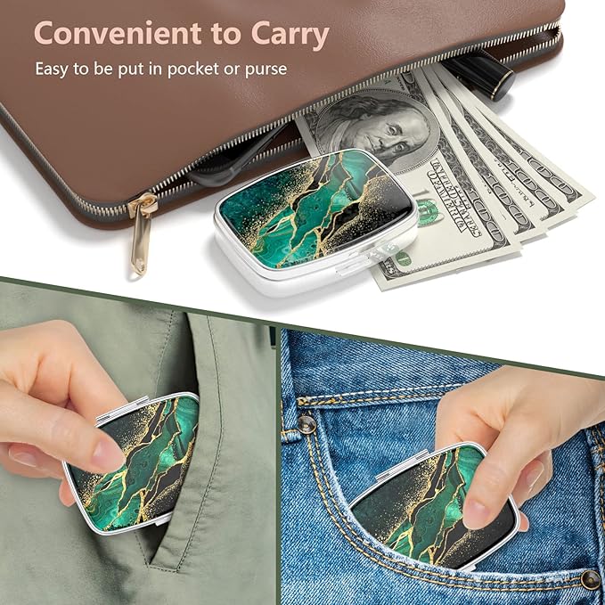 Nipichsha Pill Box, Small Pill Case for Purse & Pocket, Cute Travel Medicine Organizer, Portable Medicine Container Holder to Hold Vitamins, Medication, Fish Oil & Supplement, Dark Green Marble