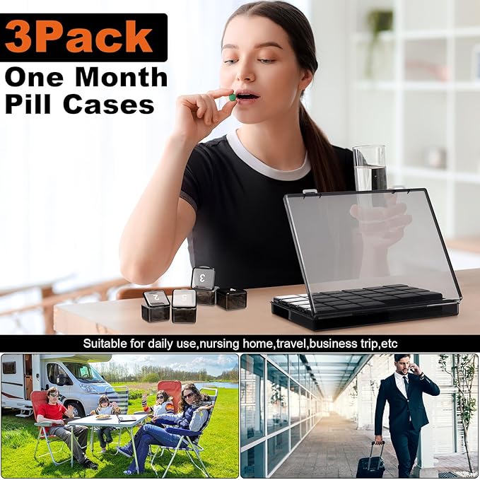Bokon 3 Pcs Monthly Pill Organizer - 30 Day Medicine Box, 4 Weeks Storage Container, Once a Day Medication Dispenser for Travel, Black