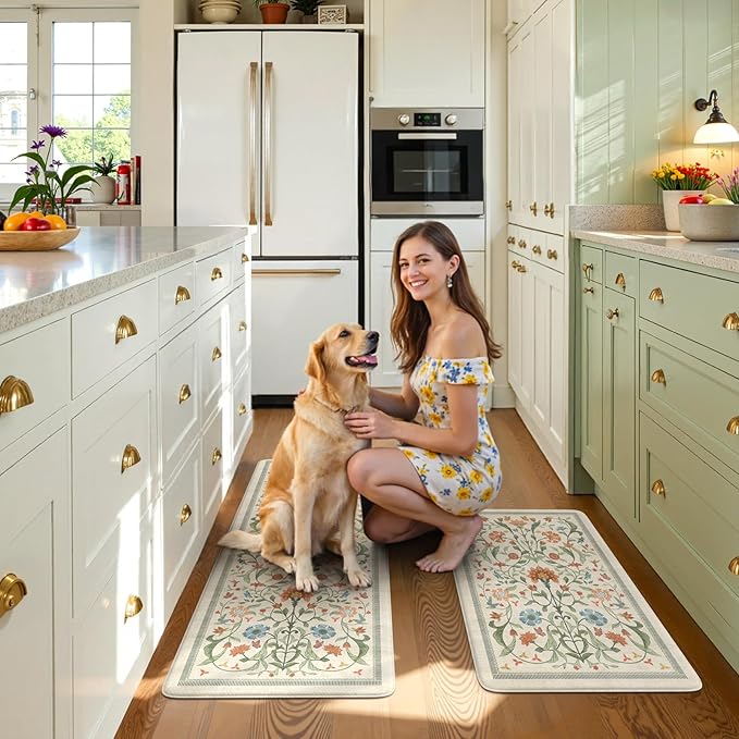 Collive Kitchen Mats Cushioned Anti Fatigue, Waterproof Kitchen Floor Mat Non Slip Desk Rugs Comfort Standing Rug for Sink, Office, Laundry, Home Decor, 20" x 47" + 20" x 32", Beige