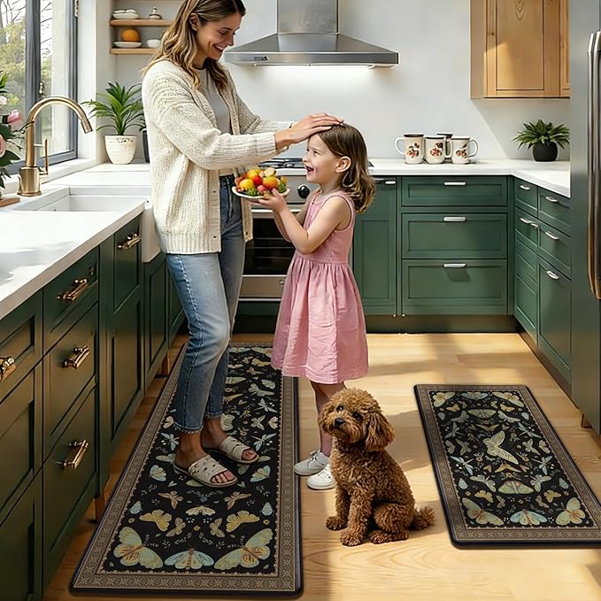 Yinhua Kitchen Rugs Sets of 2, Black Insect Kitchen Rugs Non Slip Washable, Farmhouse Anti Fatigue Mats for Kitchen Floor, PVC Waterproof Rug for Spring Summer, 18"x30"+18"x48"