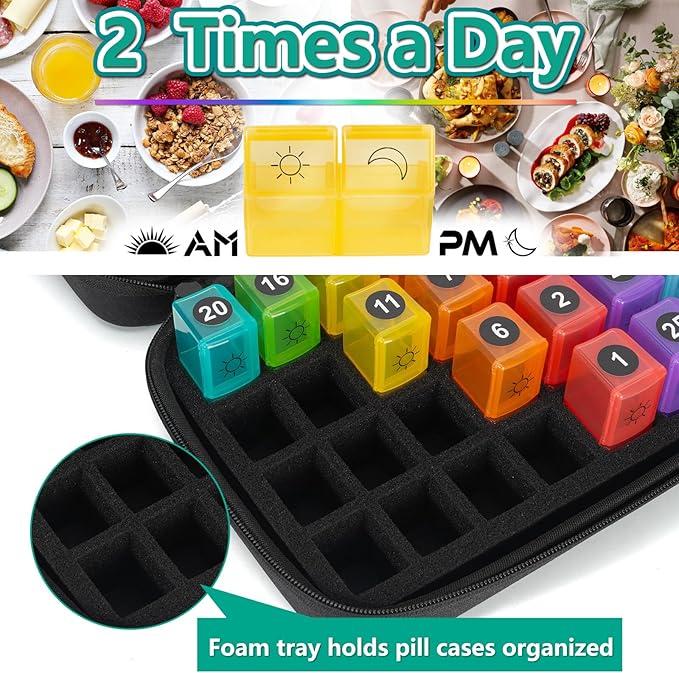 Monthly Pill Organizer 2 Times a Day, Slim 30 Day Pill Boxes Organizer AM PM with Weekly Pill Bag, 1 Month Pills Box Travel Case with 32 Compartments, 31 Days Medication Management Holder for Vitamins