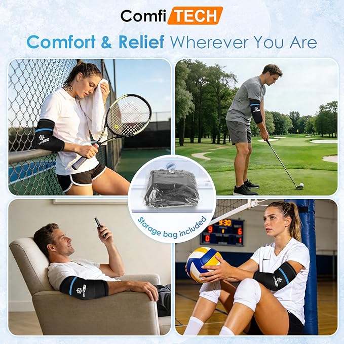 ComfiTECH Dual-Gel Elbow Ice Pack Wrap with Extended 30-Minute Cooling, Detachable Ice Pack & Flexible Reusable Gel Ice Sleeve for Tennis Elbow, Golfer Arm, Muscle Relaxation, Large, 2 Packs
