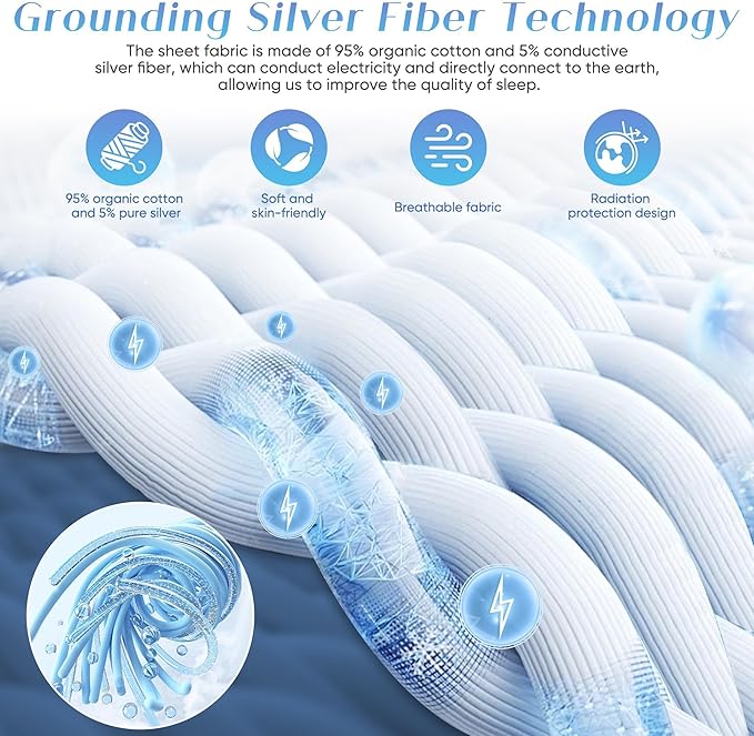 Grounding Sheet Queen Size - 95% Organic Cotton + 5% Pure Silver Fiber, Earth Connected Bedding (60"x 80"x 13" Gray) Fitted with Cord