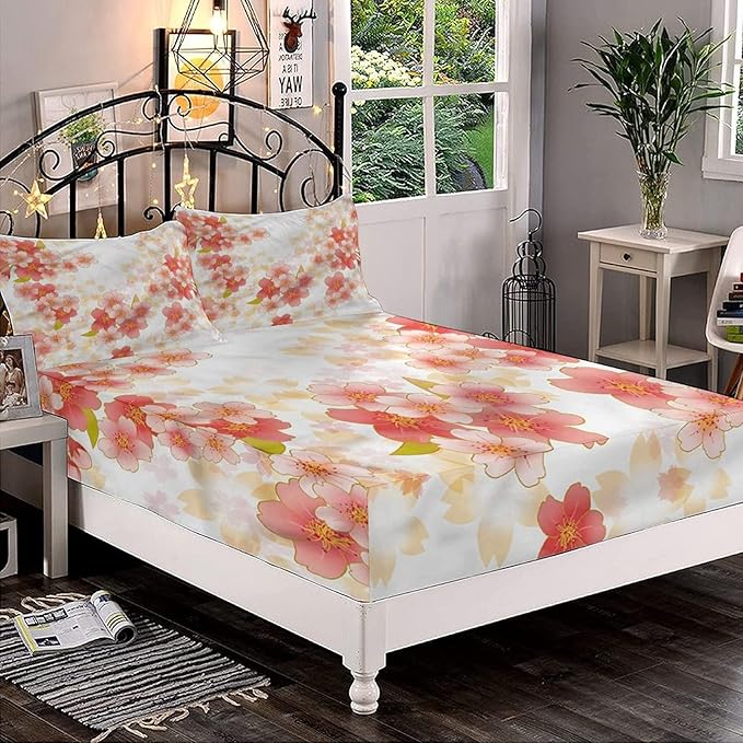 Decorative Bedding Sheet Set Twin XL Size, Floral Deep Pockets Fitted Sheet & 2 Pillow Sham Set(No Flat Sheet), Vibrant Sakura Flowers Print Microfiber 3pc Bed Sheets Set, for Boys & Girls Bedding