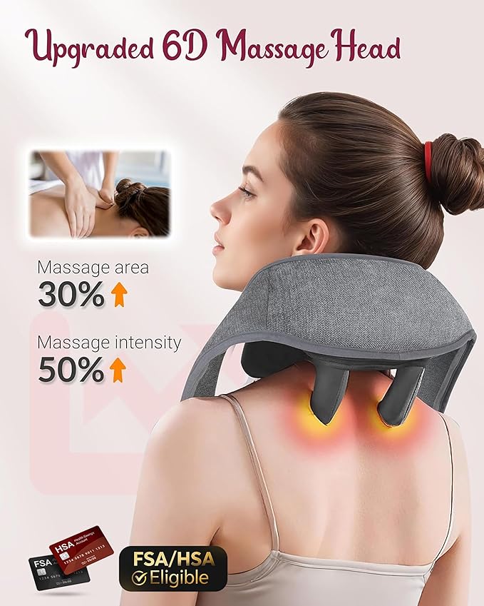 Cordless Neck Massager with Heat - FSA Eligible HSA Neck Shoulder Massager for Pain Relief Deep Tissue,6D Deep Kneading Shiatsu Back Massage, Gifts for Fathers Men Women