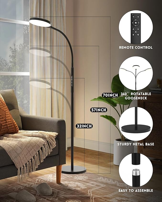 Sun Lamp, 11000 Lux Full Spectum UV-Free LED Daylight lamp Floor Lamp with 5 Modes, 3 in 1 Mount, CRI97 Adjustable 10 Brightness/Timer/Memory, Black
