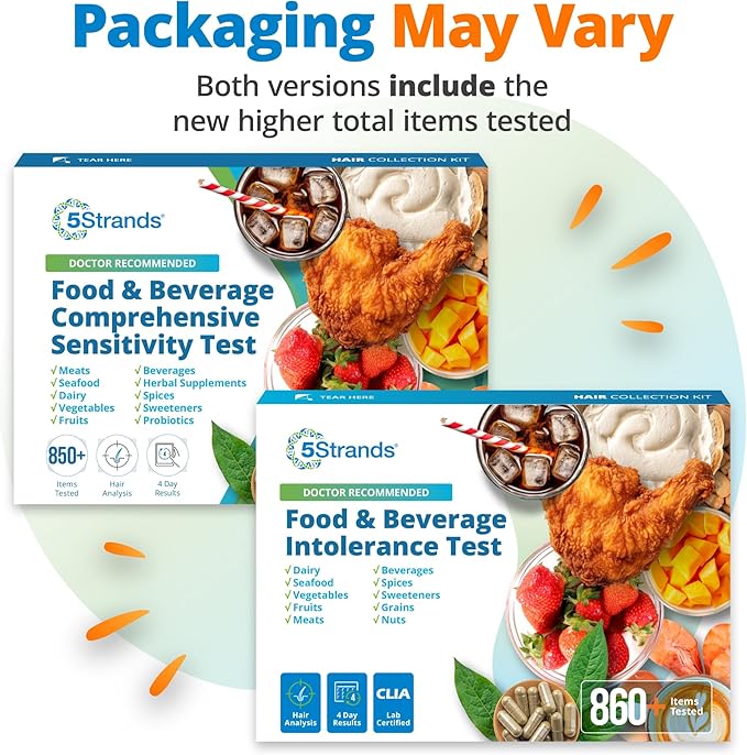 5Strands Food & Beverage Intolerance Test for Adults & Kids, 868 Items Tested, at-Home Sensitivity Testing, Hair Analysis, Gut Health Test, Results in 4 Days