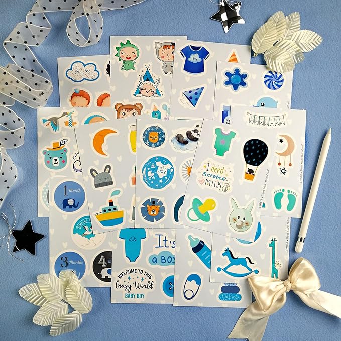 BulbaCraft 100Pcs Boy Stickers for Shower, Newborn Stickers, Shower Favors for Boys, Elephant Decals, Gifts for Women & Men