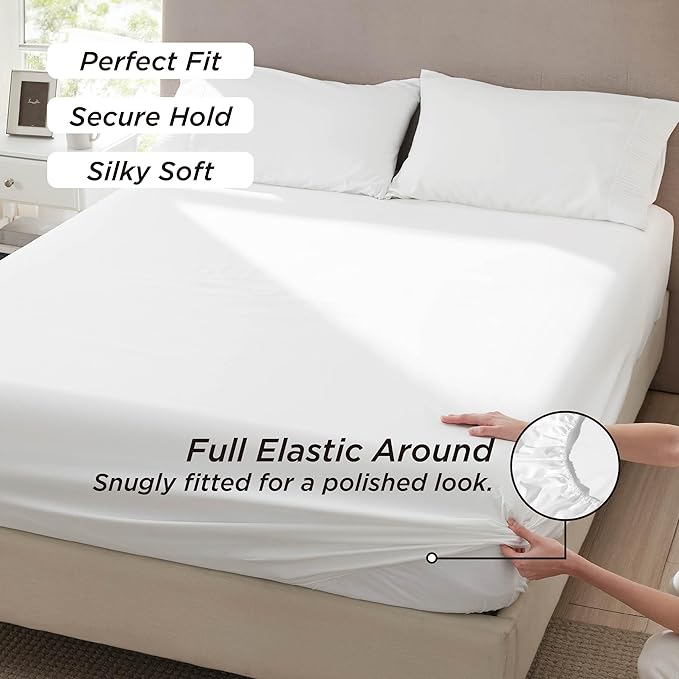 Bedsure Queen Sheet Set - 4 Pieces Soft Queen Size Sheets - Breathable & Cooling - Hotel Luxury - Easy Care Polyester Microfiber Bedding for Women, Men, Bright White