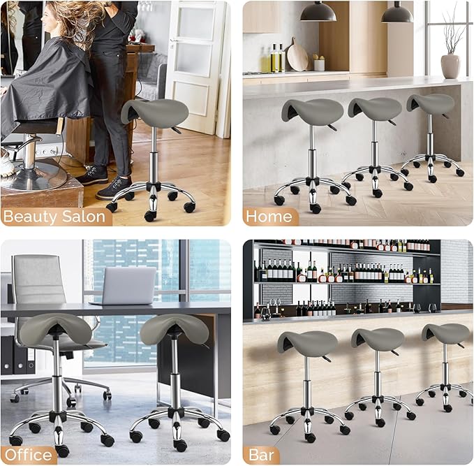 OmySalon Saddle Stool Rolling Chair, Ergonomic Saddle Chair with Swivel Wheels, Adjustable Hydraulic Stylist Cutting Stool for Salon Tattoo Massage Office Medical, Grey