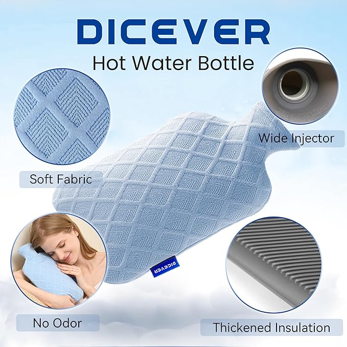 Hot Water Bottle with Soft Cover, 2L Hot Water Bag, Hot and Cold Therapies for Sore Muscles, Menstrual Cramps, Neck and Shoulder Pain Relief, Great for Women, Childs, Blue