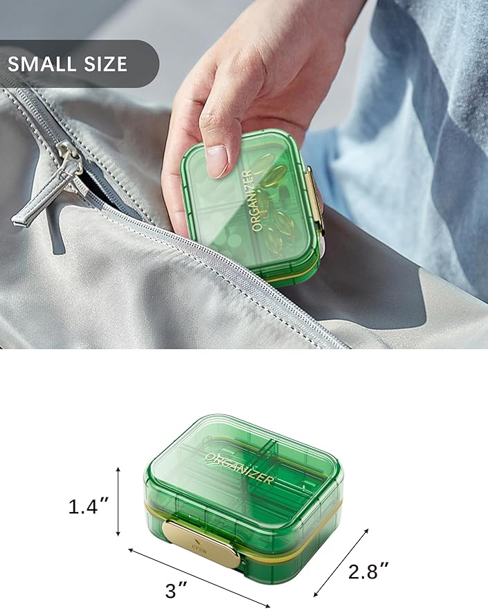 Small Travel Pill Organizer, 7 Compartments Pill Box, 1 Pack Daily Portable Pill Case to Hold Vitamins, Small Pill Container for Pocket Purse Medicine Organizer | Green