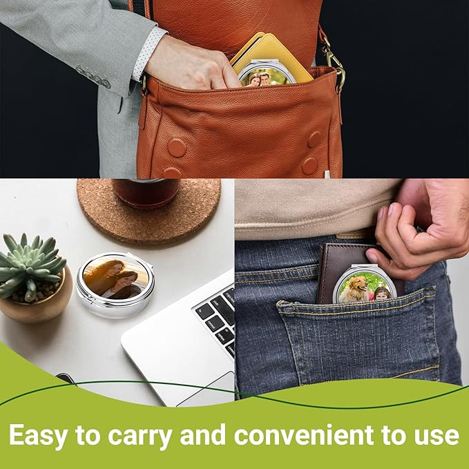 Custom Pill Box Organizer Travel With Photo,Logo,Text Personalized Metal Medicine Pill Case Waterproof Tablet Vitamin Holder Organizer for Purse Pocket Travel Gifts with Mirror&Key Rings 3 Compartment