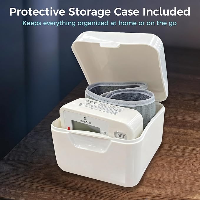 P PANACARE Wrist Blood Pressure Monitor for Home Use, Large LCD Backlit Display, Portable and Lightweight, 298 Memory Storage for 2 Users with Carrying Case