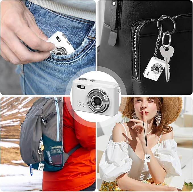 Mini Keychain Camera, FHD 1080p Mini Digital Camera with 32GB SD Card, Flash, 6 Creative Filters, 0.96" HD Display, 100 Mins Battery Life for Travel Recording Birthday Gifts (Modern, White)