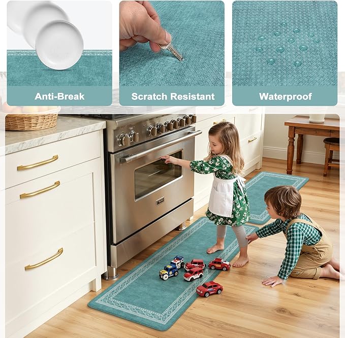 KIMODE Anti Fatigue Kitchen Mats 17"x47"+17"x29", Farmhouse Memory Foam Kitchen Floor Mats Non Slip, Turquoise Kitchen Mats for Floor, Waterproof Standing Mats for Laundry Office Sink Desk