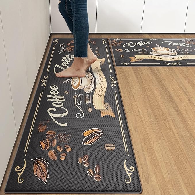 Arttown Coffee Latte Anti-Fatigue Kitchen Rug Set of 2 Brown Black Farmhouse Vintage Cushioned Floor Standing Mat Waterproof Non-Slip Kitchen Mat and PVC Ergonomic Comfort Foam Rug