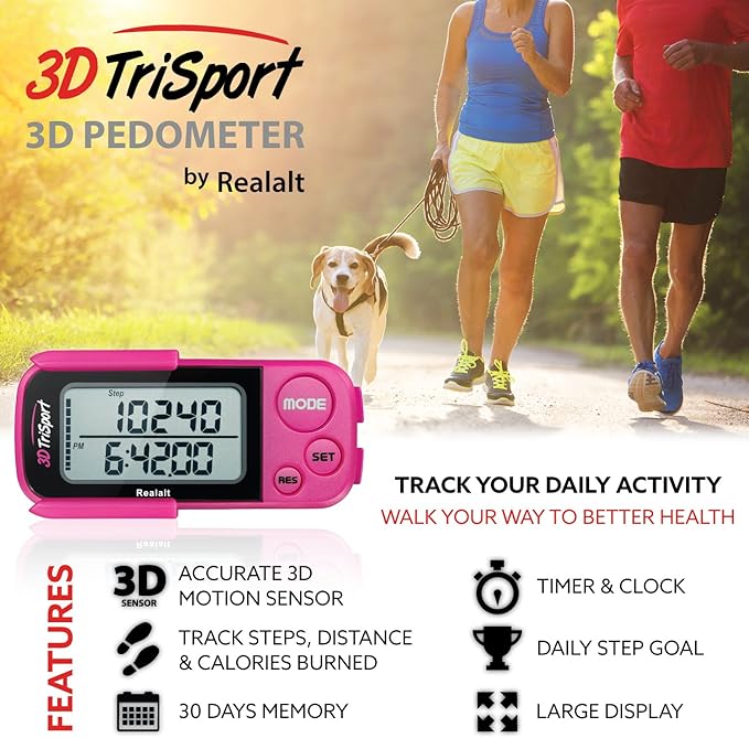 Realalt 3DTriSport 3D Walking Pedometer with Clip & Strap, Accurate Step Counter with 30-Day Memory, Distance in Miles/KM with Large Display Perfect for Seniors & Beginners, eBook Included