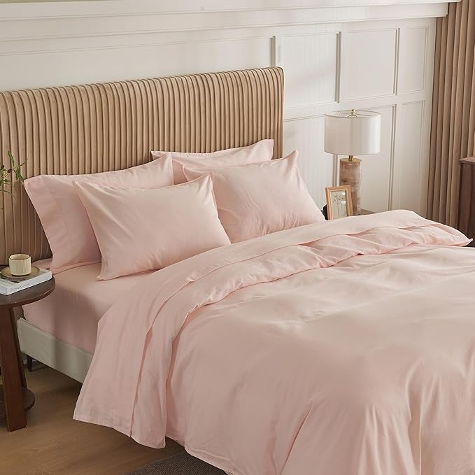 Simple&Opulence Belgian Linen Sheet Set Solid Color - 6 Pieces (1 Flat Sheet & 1 Fitted Sheet & 4 Pillowcases) 16" Deep Pocket Natural Flax Cotton Blended Soft Bedding - Pale Pink, Queen Size