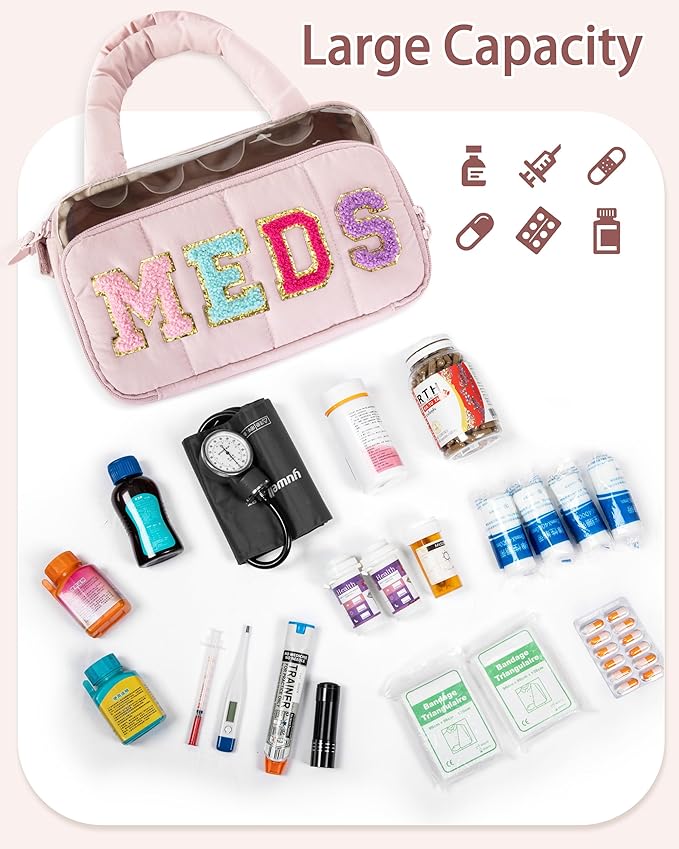 Fasrom Chenille Letter Medicine Bag, Preppy Patch Meds Bag for Travel, Pill Bottle Organizer with Puffy Handles, Portable Cosmetic Toiletry Storage Makeup Case for Women, Pink (Bag Only)
