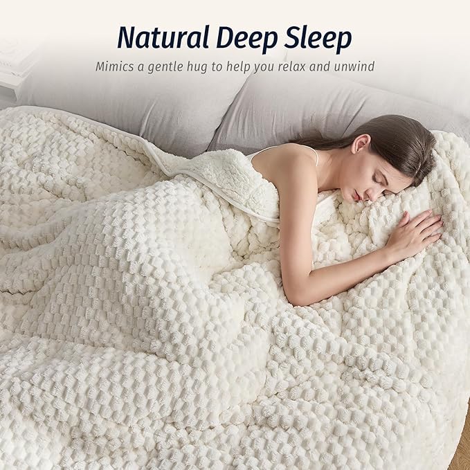 Wemore Fleece Weighted Blanket for Adults (80" x 87" 15lbs, Cream White), Dual Sided Cozy Soft Sherpa Heavy Blanket, 3D Imitation Turtle Shell Warm Jacquard Flannel Weighted Blankets for Couch and Bed