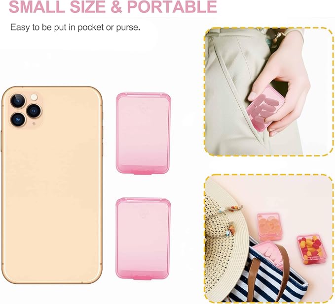 6 PCS Small Pill Box, Tiny Pill Case,Mini Clear Plastic Storage Containers Cute Travel Pill Organizer Case Portable for Pocket Purse Briefcase (Pink)