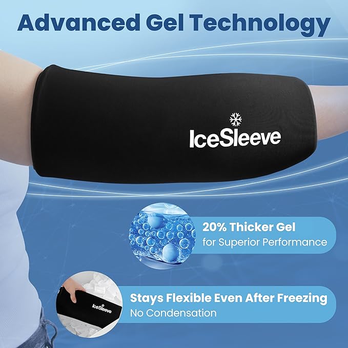 IceSleeve Elbow & Knee Ice Pack Wrap, Reusable Ice Sleeve for Arm & Leg, Flexible Gel Ice Pack for Knee Injuries, Tennis Freeze Sleeve Elbow Compression Wrap, Cold & Heat Therapy, Black L 1 Pack