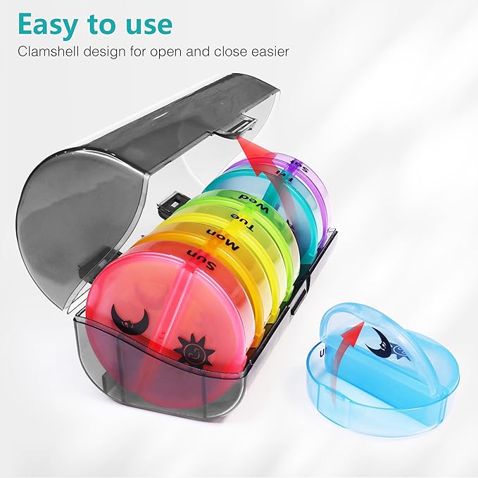 MOLN HYMY Portable Pill Organizer 2 Times a Day, Travel Friendly 7 Day Medicine Pill Box with Large AM PM Compartments for Medications/Vitamins/Fish Oil/Supplements (Rainbow+Black Case)