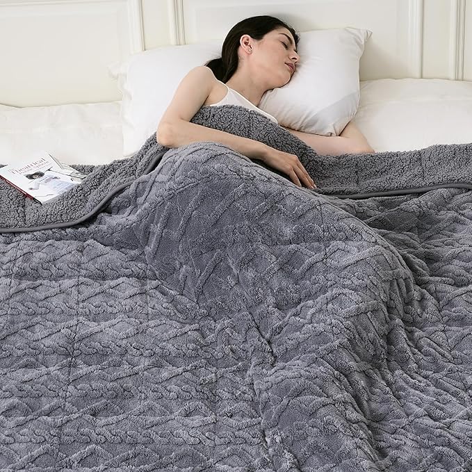 Topblan Weighted Blanket for Adults, 48" x 72" 15lbs, Soft Sherpa Twin Size Heavy Blanket with 3D Jacquard Flannel Fleece Weighted Blankets for Couch and Bed