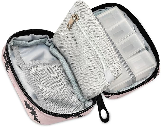 Halloween Bats Pink Pill Box 7 Day Pill Case Travel Pill Organizer Bag with Zipper Portable Weekly Vitamin Medicine Supplement Holder Pouch Bag