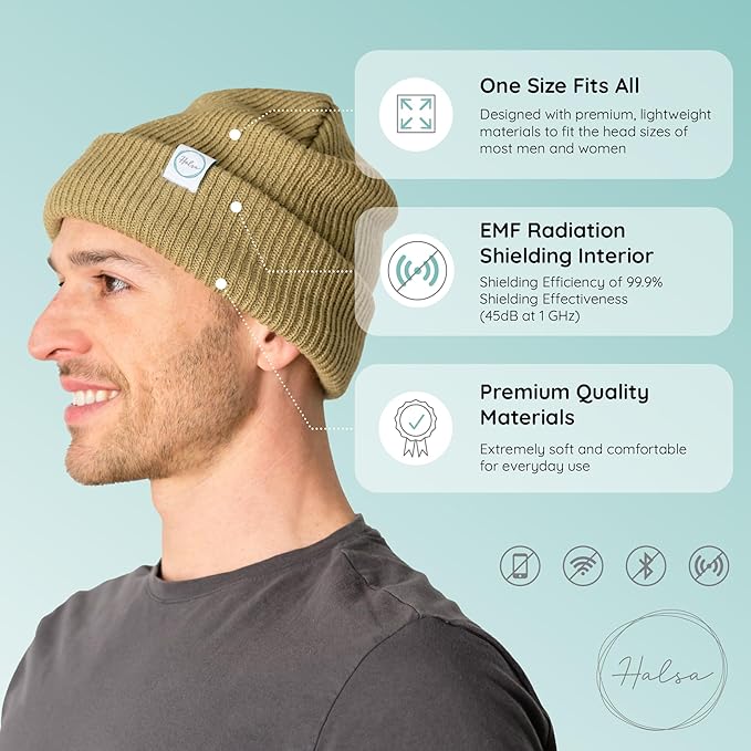 Halsa EMF Protection Hat, Knit Beanie for Men and Women, Silver Fiber Fabric Lined, One Size Fits Most