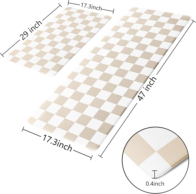 Cream Checkered Grid Checkerboard Kitchen Rug Sets [2 PCs], Anti-Fatigue, Waterproof Non-Slip Kitchen Mats Heavy Duty Ergonomic Comfort Foam Rug for Floor, Home, Laundry,17"x29"+17"x47"