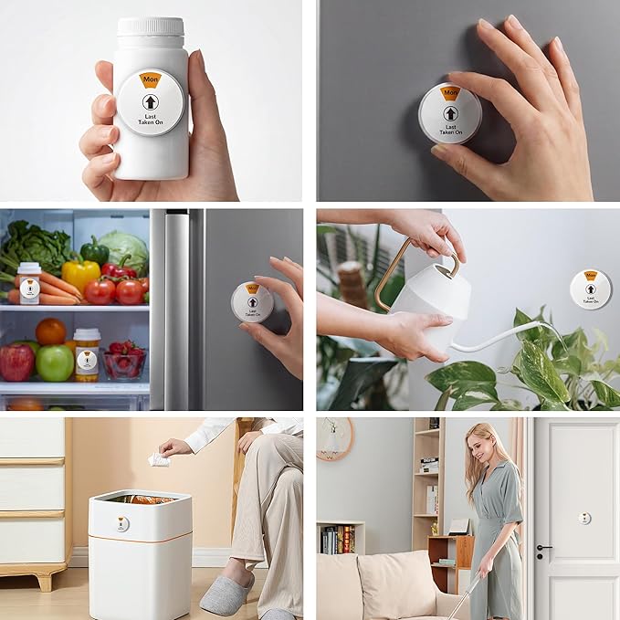 4 Pack 7-Day Pill Reminder Tracker 2-in-1 Magnetic & Adhesive – Stick to Plastic or Glass Bottles, or Attach Magnetically to Fridge/Metal Surfaces – Reusable for Medications, Vitamins, Pet Medicine