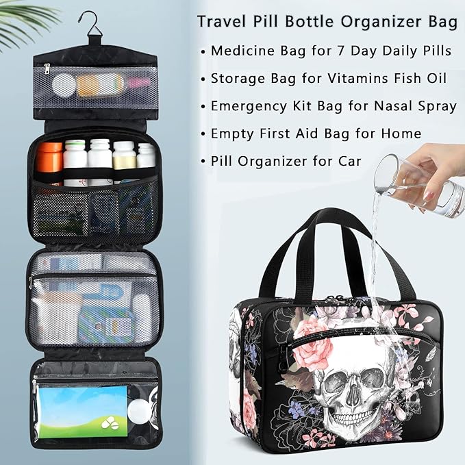 Naanle Pill Organizer Bag Travel Pill Bottle Medicine Organizer Home Storage Medication Bag for Vitamin Supplements, Watercolor Flower Skull Empty First Aid Bag for Car Camping