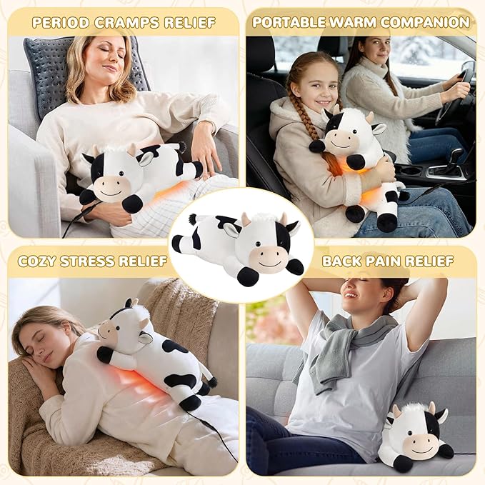 Cow Heating Pad for Period Cramps Menstrual Pain Relief, Portable Electric Heat Pads USB Powered, Cute Stuff Cow Plush Heated Stuffed Animals Gift, Gifts for Women Teen Girls Birthday Christmas Easter