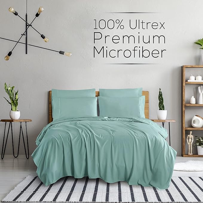 Mueller Luxury 6 PC Full Size Bed Sheets, Super Soft 1800, Deep Pocket up to 16" Full Size Sheets, Transfers Heat, Breathes Better, Hypoallergenic, Wrinkle-Resistant, Oeko-TEX, Light Teal