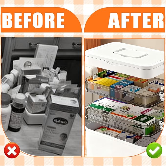 3-Tier Medicine Organizer with Detachable Pill Box, First Aid Kit with Handle, Portable Multipurpose Plastic Medical Box for Home, Travel, and Family Emergencies（White）